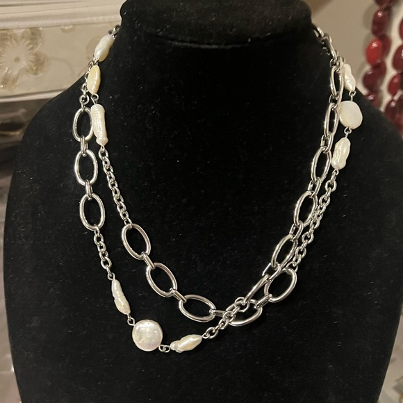 White House Black Market Jewelry - WHBM Pearl Chic Silver and Pearl Necklace long